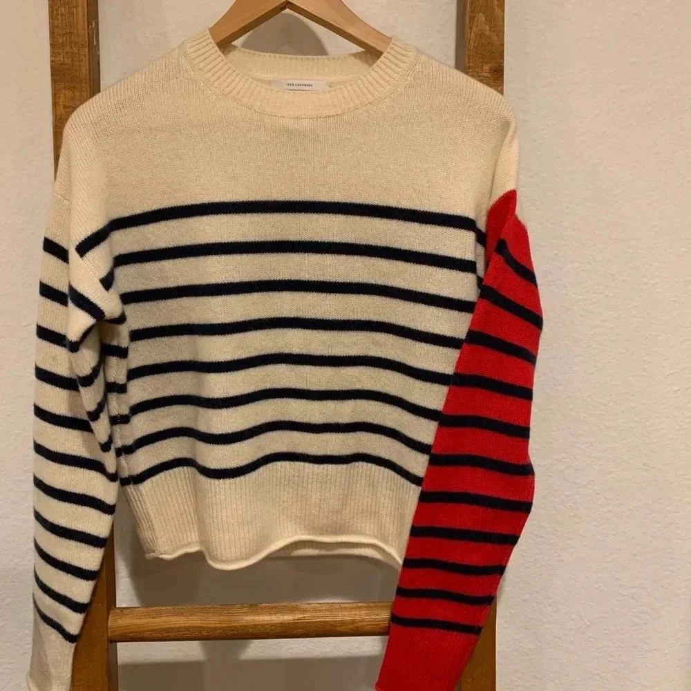 NORDSTROM SIGNATURE NEW Cropped Striped Cashmere Crew Neck Sweater - Picture 7 of 11